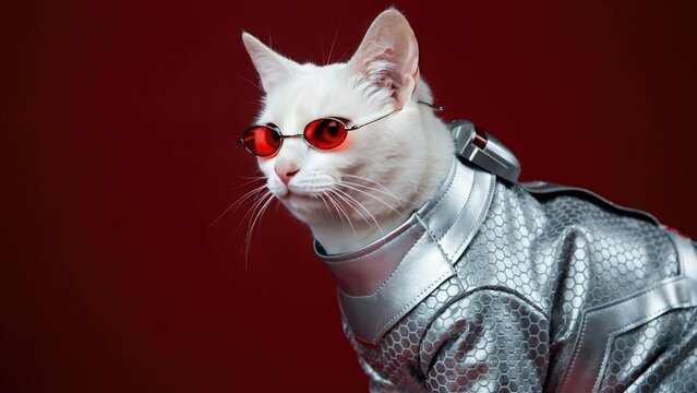 White cat wearing red tinted sunglasses and a futuristic silver metallic space suit