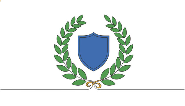 Blue shield surrounded by a green laurel wreath symbolizing protection, victory, honor and security.