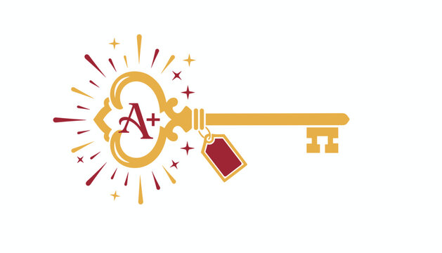 Golden vintage key with A plus grade letter and starburst effects representing academic success and excellence.