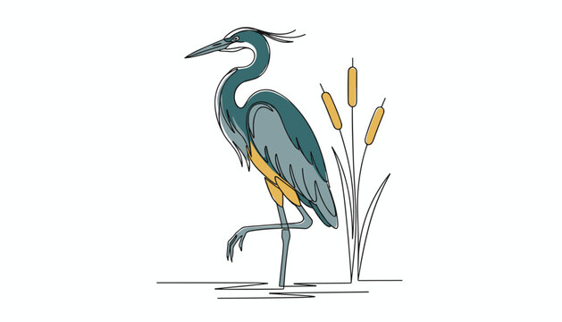 Blue heron bird standing on one leg in water next to cattail reeds in a serene wetland habitat.