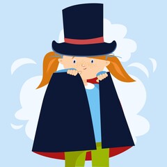 Vector Illustration of Cute Little Redhead Girl Performing Magic Trick Wearing Cylinder Top Hat and Black Cape
