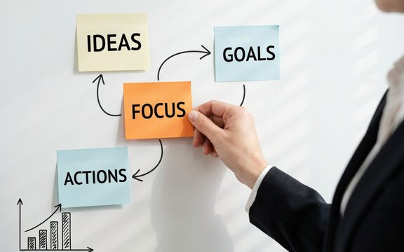 Businesswoman placing focus sticky note on white board with flowchart