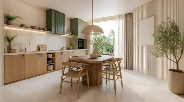 Modern kitchen interior with wooden dining table and green cabinets