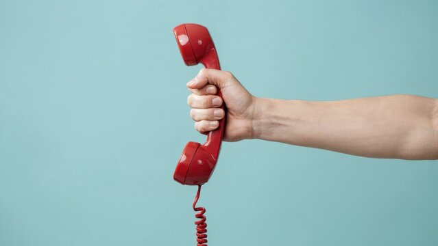 Hand holding a vintage red telephone receiver against a light blue background