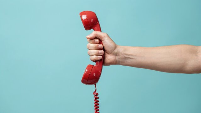Hand holding a red vintage telephone receiver on a light blue background