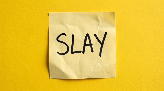 Slay handwritten text on yellow sticky note, motivational slang message on paper, Gen Z slang concept for success and confidence