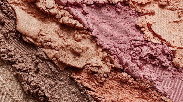 Closeup of crushed eyeshadow palette showing textured cosmetic powder in pink, peach, and brown shades for beauty or makeup themes