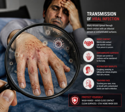 Viral Infection Transmission Infographic with Skin Rash and Prevention Methods