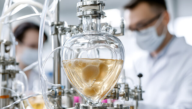 Cultivated protein bioreactor with a circulating cell culture medium in sharp focus and blurred scientists behind. Concept of lab grown protein production