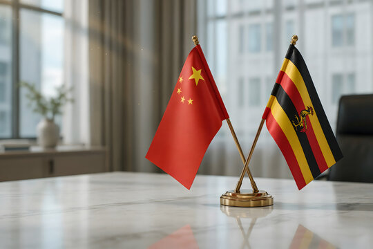 Miniature desk flags of china and uganda standing on a white marble table in a bright office interior with soft natural lighting