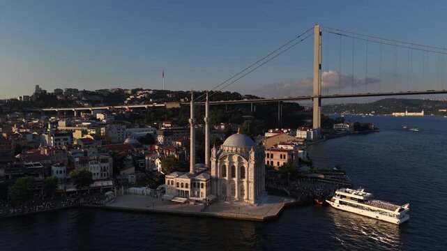 Aerial View of B&uuml;y&uuml;k Mecidiye Mosque on the Bosphorus with 15 July Martyrs Bridge, Istanbul