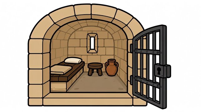 Medieval Stone Prison Cell with Open Gate, Bed, and Pottery