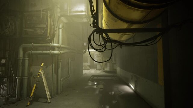Dystopian conduit with leaking joints, saturated color grade, puddles, caution markings, heavy ventilation ducts, tensioned atmosphere, cinematic storytelling