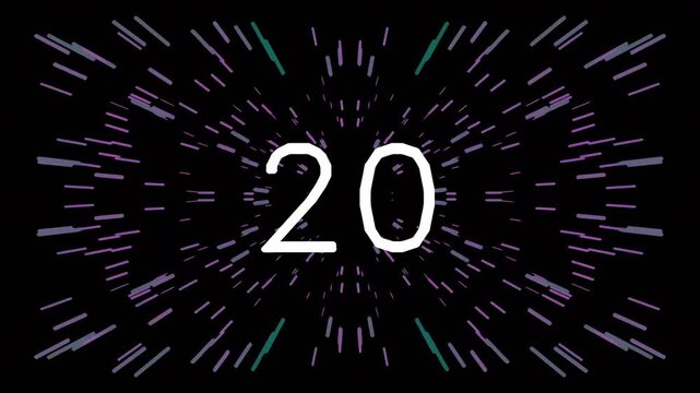 Abstract digital countdown with dynamic light streaks on black background