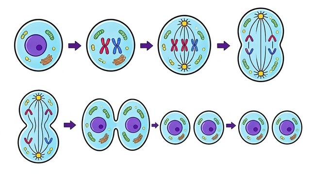 Diagram illustrating the stages of cell division, including mitosis and cytokinesis, showing chromosome behavior and cell splitting.