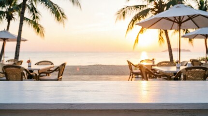 Obraz premium Beachside Restaurant Tables at Sunset for Web Design