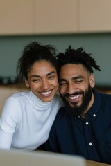 Obraz premium Happy smiling couple portrait at home for lifestyle banner and friendly background expressing warmth and closeness for online content and advertising