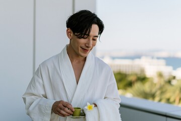 Fototapeta premium Young man in white robe holding a green tea cup with plumeria on a sunny balcony for spa wellness background and banner design