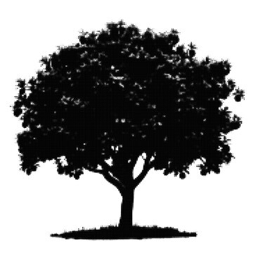 Black and white tree silhouette with roots and grass illustration