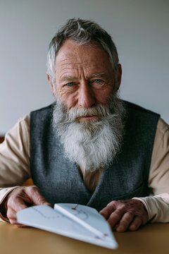Elderly bearded man with paper airplane portrait for editorial background and storytelling banner showcasing wisdom and playfulness