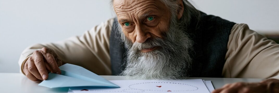 Wide close view of an elderly bearded man preparing a paper airplane over a dotted route drawing for background and poster design conveying craftsmanship and memory