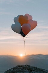 Fototapeta premium Pastel heart balloons rising above a mountain ridge at sunrise for serene background and banner design