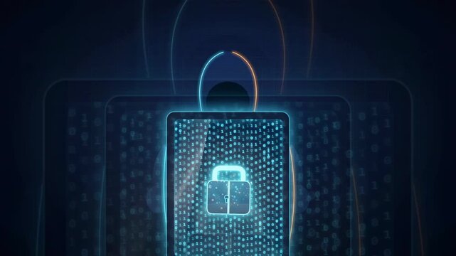 Digital padlock icon glowing on a futuristic blue circuit board background for cyber security concept