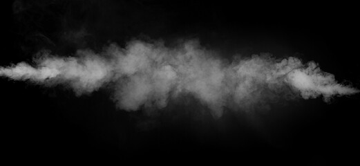 Fototapeta premium Panoramic view of the abstract fog. White cloudiness, mist or smog moves on black background. Beautiful swirling gray smoke. Mockup for your logo. Wide angle horizontal wallpaper or web banner.