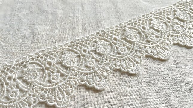 Beautiful white lace trim with floral pattern detail for wedding dress decoration or elegant fabric craft projects