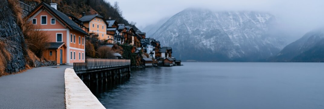 Quiet lakeside walkway leading to an alpine village with mountain backdrop and calm water for travel wallpaper and banner design
