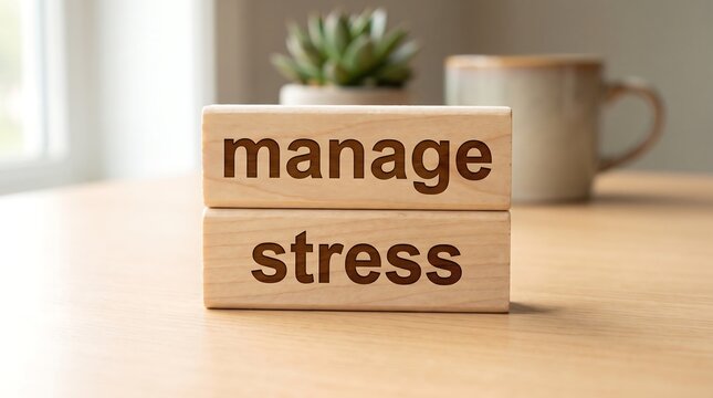 Manage stress text on wooden blocks. Mental health and wellness concept. Stress management strategy for work and life balance.