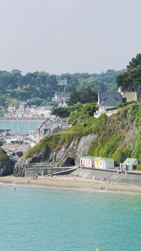 A scenic summer view of the cliffs and beach at Binic, Brittany, France.