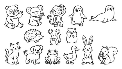 Fototapeta premium Cute Animal Coloring Page Set for Kids Featuring Cartoon Panda, Koala, Monkey, Penguin, Seal, Cat, Dog, and Rabbit Outlines for School Activity Worksheets