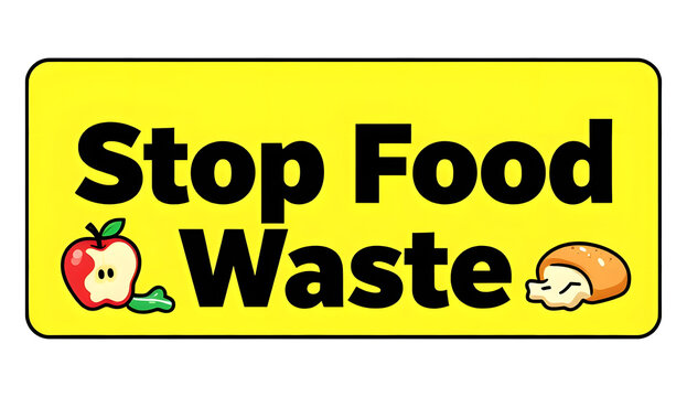 Stop Food Waste Yellow Sign Banner - Concept of Food Preservation, Anti Food Waste Campaign, Zero Hunger, Environmental Protection, and Food Saving Vector Illustration