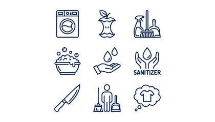 Fototapeta premium Home Cleaning and Personal Hygiene Line Icon Set with Washing Machine Sanitizer Broom and Waste Discard Symbols for Housekeeping Graphic Designs