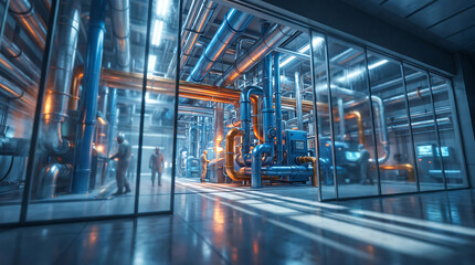 Fototapeta premium Industrial machinery and piping systems within a modern factory or power plant seen through glass partitions and reflections