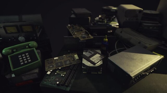 Workstation filled with parts for upcycle projects, scattered modules, labeled sticky notes, soldering tools and handson restoration energy in warm light