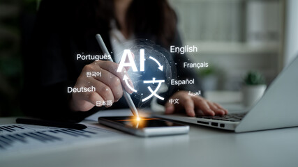 Global communication with multiple languages, digital translation tools, multilingual technology, cross-cultural communication, and virtual language learning environments. Spline © InfiniteFlow