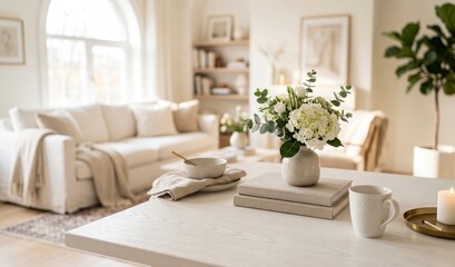 Fototapeta premium Cozy Living Room with White Sofa and Coffee Table for Home Decor