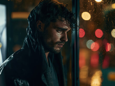 A man looks thoughtfully out of a window on a rainy night, his expression somber and introspective. The bokeh lights in the background add a moody atmosphere to the scene AI generative