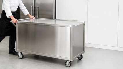 Professional chef pushing stainless steel food service cart in commercial kitchen environment with stainless, catering © TAJMIRUL RAHMAN