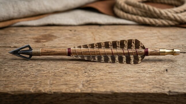 A traditional wooden hunting arrow with sharp metal tip and striped feathers resting on a rustic wooden table