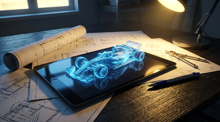 Fototapeta premium Formula one race car holographic projection displayed on a tablet among architectural blueprints and design tools