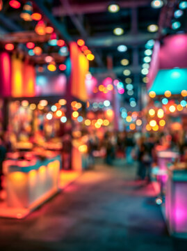 Vibrant blurred trade show exhibition hall with orange pink and cyan illuminated booths, distant visitors and glossy floor for corporate event marketing, advertising and conference background use