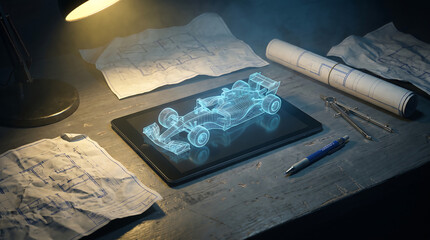 Fototapeta premium Holographic formula one race car projection displayed above a tablet surrounded by engineering blueprints and design tools