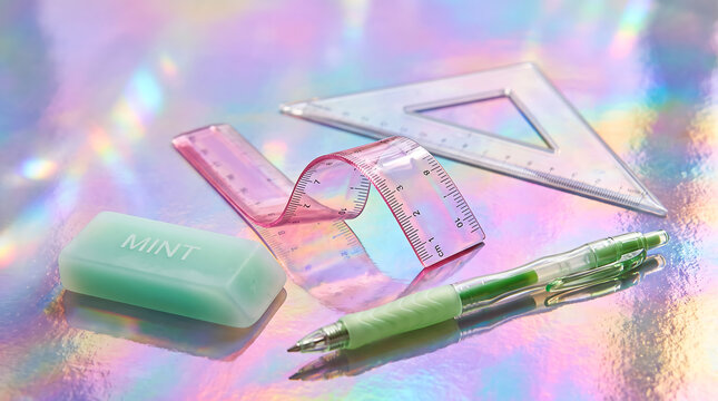 School supplies including a ruler set square eraser and pen arranged on a holographic iridescent surface