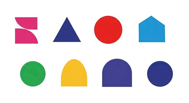 Abstract geometric shapes in solid bright colors on a white background, including circles, triangle, house silhouette, and rounded rectangles.