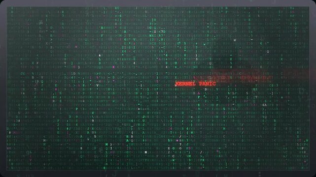 Digital data stream with green binary code and red fatal error warning on dark screen