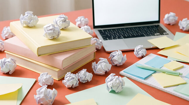 Frustrated writers workspace with crumpled paper and open laptop on a red desk representing creative block