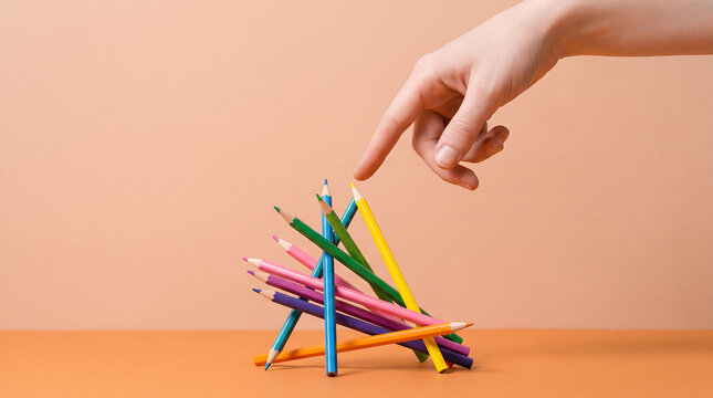 A human hand reaching to touch a precarious stack of colorful sharpened pencils on a peach colored surface